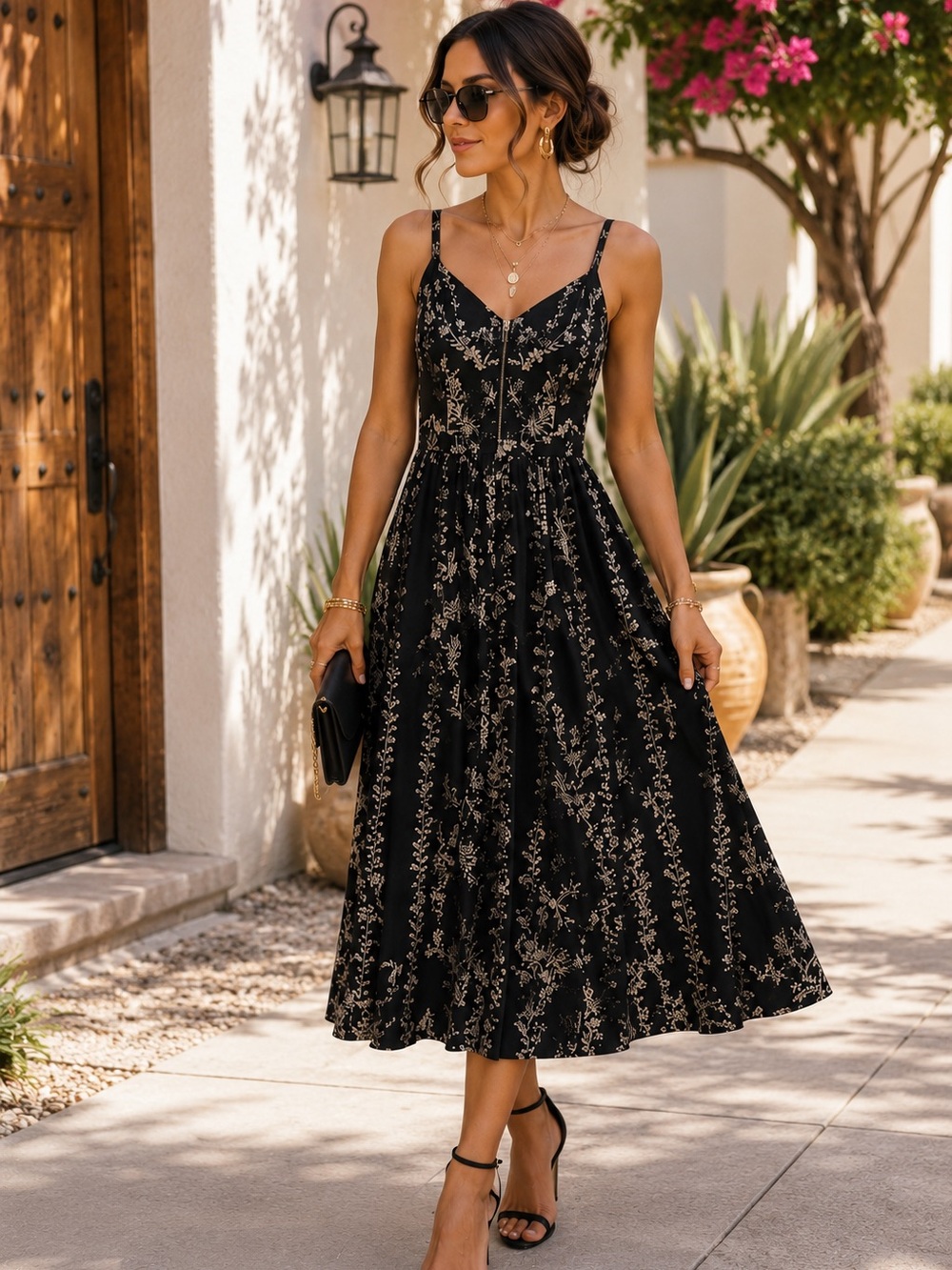 Bebe | Black Midi Dress with Gold Floral Detail